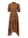 Elegant Style Dress 2025 New Round Collar Bubble Bubble Sleeve Lace Belt Fashion High-End Dress