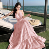 Holiday Atmosphere Feel Dress Women Folded Deep V Hanging Neck Dress Pure Lusty Style Big Back Cake Dress