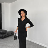 Fashion Knitted Solid Color In Autumn 2024 V-Neck Bag Hip Dress