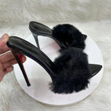 12Cm Pointed Thin Heeled Tips High Heels Women Black Hair Cool Slippers High Quality Shoes