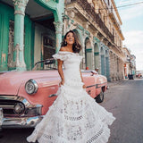 Summer New Women's Dress A Word Shoulder Lotus Side Hollow Lace Dress Dress DJPT