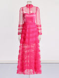 Elegant Style Dress 2025 Summer New Fashion Round-Collar Mesh Splicing High-End Perspective Cake Skirt