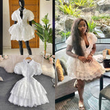 Summer Retro Temperament Super Fairy Collar Single Buckle White Embroidery Bubble Sleeve A Word Cake Dress DJPT