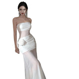 Holiday Style Sexy Perspective Mesh Yarn Flowers With Breasts Women Design Sense Of Body Quality Dress