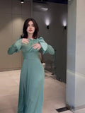 2024 Court Style Bubble Collar Wood Ear To Collect Waist Solid Color Long Sleeve Dress