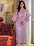 2025 Autumn New V-Neck Mesh Shalin Elegant Thin Lantern Sleeve Dress Woman