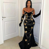 Body Golden Butterfly A Diamond Chain Dress Sexy Breast Repair Velvet Party Dress