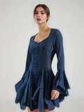 Fairy Dress 2025 New Square Collar Single Buckle Lotus Side Horn Sleeve Short Dress