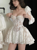Spring And Summer Vietnam Design Sense Niche Fairy-Collar Sexy Wrapped Brat Horn Sleeves To Close The Waist Folded Lace Dress