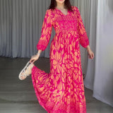 Women's Autumn New V-Necked Lantern Sleeve Print High-Waist Retro Long Dress