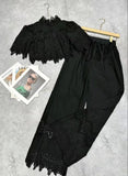 Collar Short-Sleeved Lace Top + Tight Waist Tie With Lace Spliced Wide Leg Trousers Set Woman
