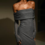 Women's New Luxury Out-Shoulder Long-Sleeved Body Drilled Noble Dress HZ0628