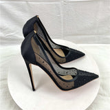 2025 New Breathable Mesh Drill High Heels 12CM Tip Finger Fine Heeled Women's Shoes High Quality Shoes