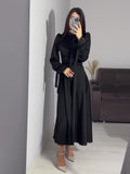 2024 New Waist-Skinny Strap Solid Color Long-Sleeved Dress Design Dress Dress Woman