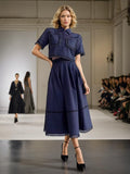 Lace Embroidery Set 2025 Spring New Collar Short-Sleeved Shirt High-Waist Long Dress Solid Color Woman