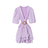 Retro Clodress 2025 Summer New V-Neck Lantern Sleeve Sexy High-Waisted Waist-High Waist Dress