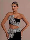 Fashion Heavy Industry Braided Flower Diamond Bag Bandage Long Skirt Party Two-Piece Dress