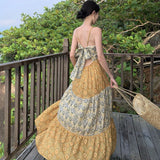 Summer Dress New Seaside Holiday Wind Loose Sling V Tie Print Splicing Dress Dress Waist And Ankle
