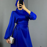 Women's New Round-Neck Lantern Sleeve Dress Side Belt With Body-Repair Dress Dress