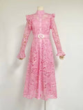 Dress Dress With Lotus Leaves With Belt Famous Temperament Sweet Water-Soluble Lace Dress Dress Dress