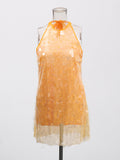 Barbie Wind Hanging Neck Sleeveless Sleeve Squin Mini Dress 2025 New Women's Summer Waist Solid Color Dress Woman