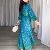 Women's Autumn New V-Necked Lantern Sleeve Print High-Waist Retro Long Dress