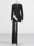 Famous Wind 2025 Summer New Round Collar Long Sleeve Black Diamond Tug Tug Pure Color Dress