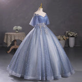 Gray-Blue Temperament Beautiful Solo Performance Costume Student Vocal Art Canopopy Skirt Annual Meeting Host Evening Dress