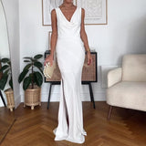2024 Women's Sexy Beach Wind Hanging Neck Deep V Bare Back Strap Long Textured White Dress