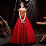 2025 New Dry Verted Gold Red Bride Wedding Toast Solo Stage Performance Evening Dress