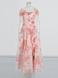 Vintage Flower Drewing Dress 2025 Summer New V-Neck Waist Opened Lotus Leaf Side Dress