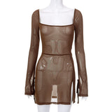 Women's Clothing 2025 Spring And Summer New Net Mesh Long Sleeve Open Fork Short Dress Woman DJPT