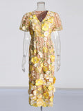 Court Style 2025 Summer New V-Neck Bubble Sleeve Embroidered Three-Dimensional Flower Pencil Dress Female