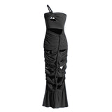 Style Sexy Shoulder Niche Hollow Folds Design 2025 Summer New Solid Color Long Dress