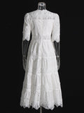 Fresh Sweet Wind 2025 Summer New Bubble Sleeve Lace Hollow Splicing Lace High Waist Dress