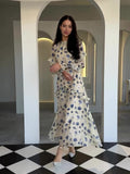 New Gentle Wind Crush Floral Dress Women's Round Collar Long-Sleeved Leaf-Side Dress