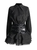 Temperament Sister Style Dress Woman 2025 Summer High-Grade Folded Long Sleeve High-Waisted Leaf Side Short Dress Women's Dress