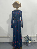 Fashion Summer Long Sleeve Fashion Round-Neck Ice Silk Breathable Flower Print Lady Dress