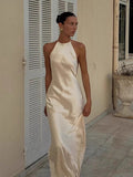 Sexy Bare Back Hanging Neck Sling Dress Simple Imitation Silk Satin Acetic Acid Thin Dress Dress HZ0628
