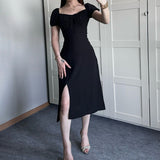 Women's Summer Collar Bubble Sleeve With High Waist Repair Fork Sexy Long Dress