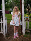 Summer New Square Collar Bubble Sleeve Bow Tie With Belt Print Short Dress Woman