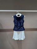 New Blue And White Collar Collar Fake Two Sleeveless Dress Temperament Famous Wind Thin Short Dress 2025 Summer