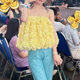 New Goose Yellow Three-Dimensional Rose Hanging Neck Dress Small Romantic Sleeveless Short Skirt