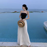 Temperament Sexy Shoulder Dress Women Summer New Beach Vacation Bra Splicing 100 Folds