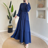 Women's Autumn Round-Neck Long-Sleeved Single Buckle High-Waisted Splicing Dress