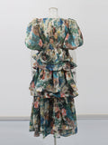 Retro Court Dress 2025 Summer New Multi-Layer Lotus Side Bubble Sleeve Print Dress Dress Woman