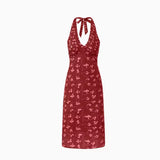 Luth's Same Red V-Neck Broken Flower Hanging Neck Sling Dress In The Middle And Long Summer Holiday Style Dress