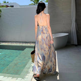 Retro Oil Painting Smashed Flowers To Take The Sling Dress To The Waist Dress Seaside Holiday Showback Beach Dress Woman