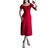 Women's Summer Collar Bubble Sleeve With High Waist Repair Fork Sexy Long Dress