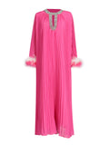 Selling Explosion Famous Wind 2025 Spring New Round Collar Studded Hundred Folded Ostrich Hair Pure Color Dress
